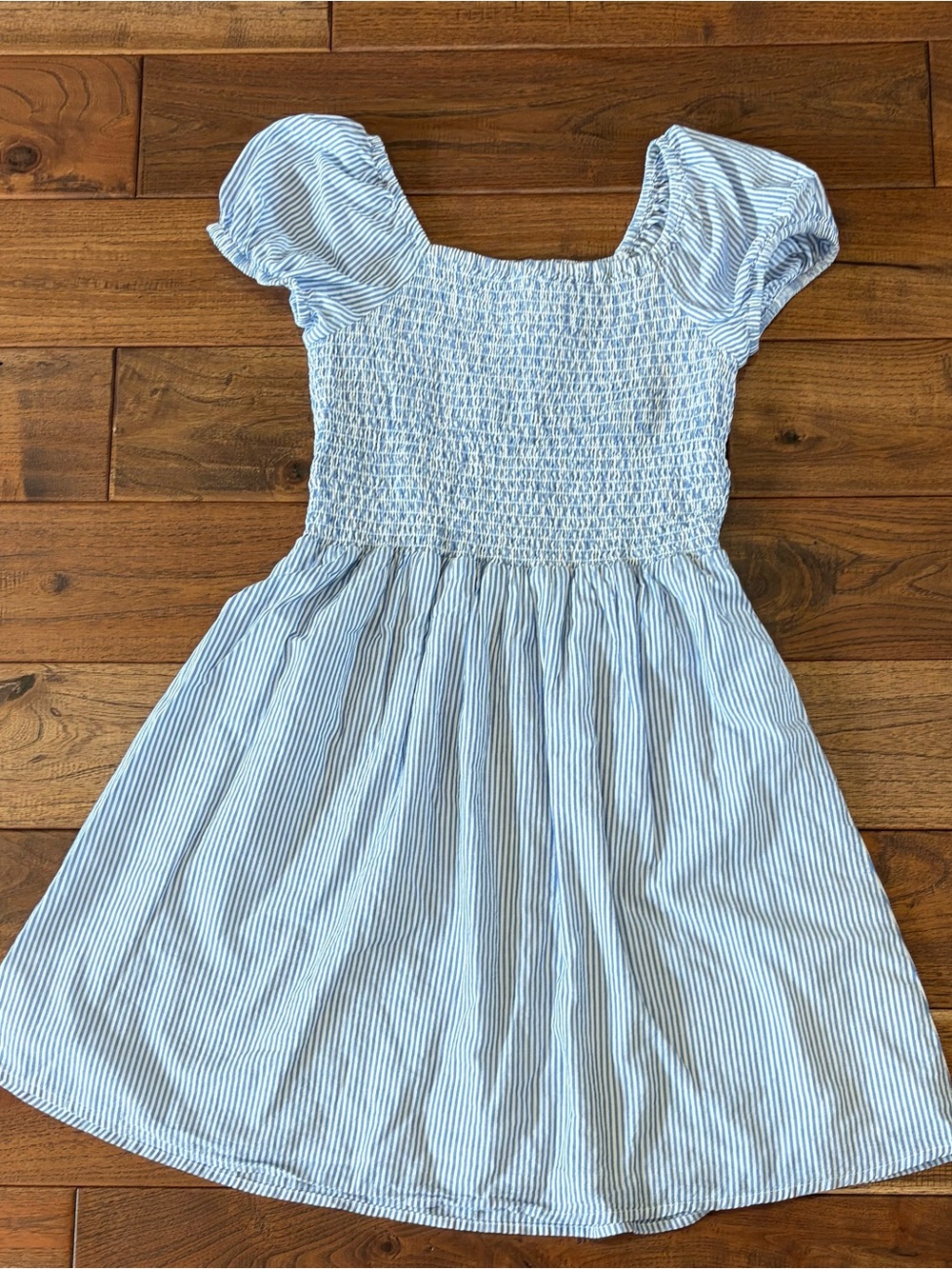 Crewcuts Light Blue & White Striped Smocked Puff-Sleeve Dress